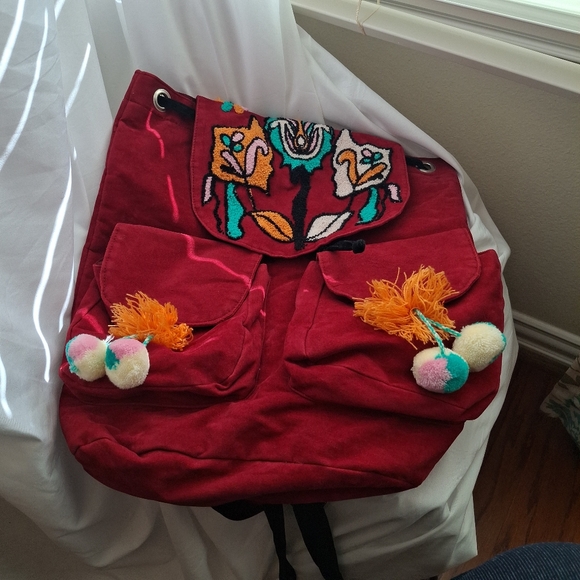 America & Beyond Drawstring Pom Pom Backpack  Floral Suede School Bag Girls Gift - Picture 14 of 17